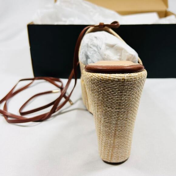 NWT/NIB SHOEDAZZLE Akari Tan Faux-Raffia/Jute Platform Wedge Sandal Tie Straps 8 - Picture 3 of 7